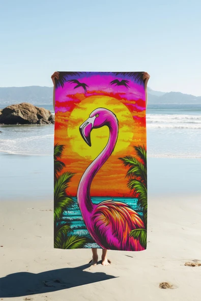 Dijital Baskı Plaj Deniz Havlusu Flamingo Desenli Peştamal HVL0131 RENKLİ 80 X 160 ürün görseli 1