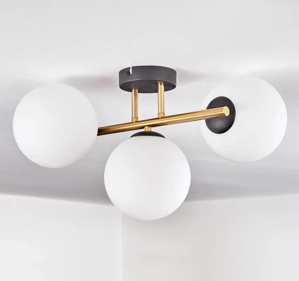 Rsylight Retro Metal Beyaz Opal Glop Camlı 3 Lü Tavan Plofyoner Avize ürün görseli 1