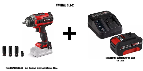 Einhell Avantaj Set-2 (IMPAXXO 18/450 Kömürsüz Akülü Darbeli Somun Sıkma ve 18V 4,0 Ah PXC Starter Kit, Akü & Şarj Cihazı) ürün görseli 1