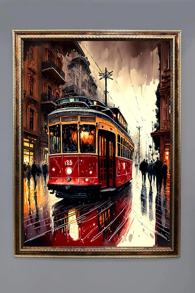 Kırmızı Tramvay Desenli Dijital Baskılı Kadife Kumaş Çerçeveli Tablo TBL0052 RENKLİ 50 X 70 ürün görseli 1