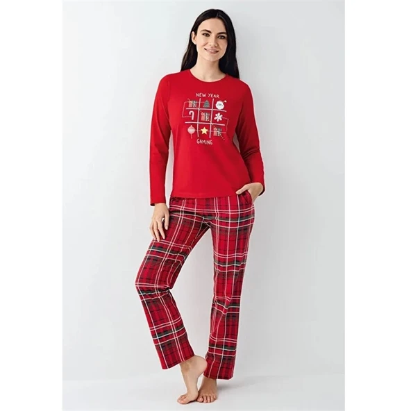 Arnetta %100 Pamuk Ekose Yılbaşı Konsept Bayan Pijama Takım ürün görseli 1