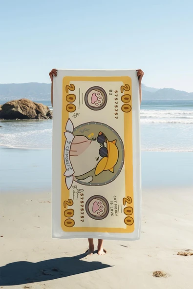 Dijital Baskı Plaj Deniz Havlusu Kedi Figürlü Dolar Peştamal HVL0106 RENKLİ 80 X 160 ürün görseli 1