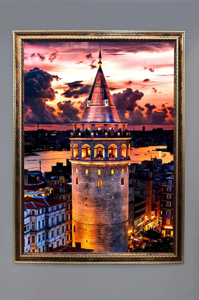 Galata Kulesi Desenli Dijital Baskılı Kadife Kumaş Çerçeveli Tablo TBL0053 RENKLİ 50 X 70 ürün görseli 1