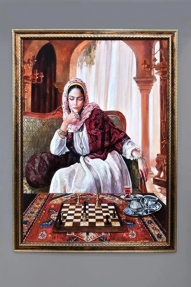 Satranç Oynayan Kadın Desenli Dijital Baskılı Kadife Kumaş Çerçeveli Tablo TBL0064 RENKLİ 50 X 70 ürün görseli 1