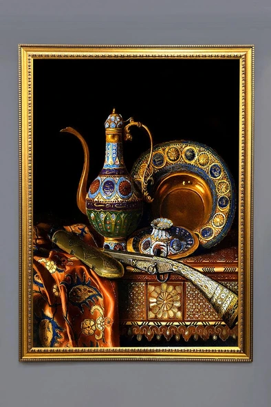 Antika Osmanlı ibrik Desenli Dijital Baskılı Kadife Kumaş Çerçeveli Tablo TBL0047 RENKLİ 50 X 70 ürün görseli 1
