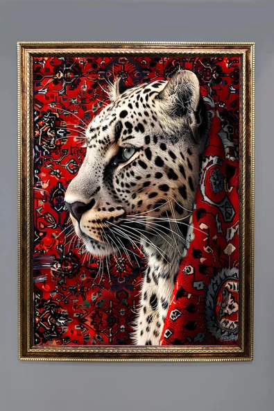 İran Halısına Sarılmış Leopar Desenli Dijital Baskılı Kadife Kumaş Çerçeveli Tablo TBL0026 RENKLİ 50 X 70 ürün görseli 1