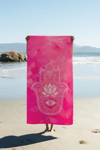 Dijital Baskı Plaj Deniz Havlusu Hamsa Lotus Mandala Desenli Peştamal HVL0218 RENKLİ 80 X 160 ürün görseli 1