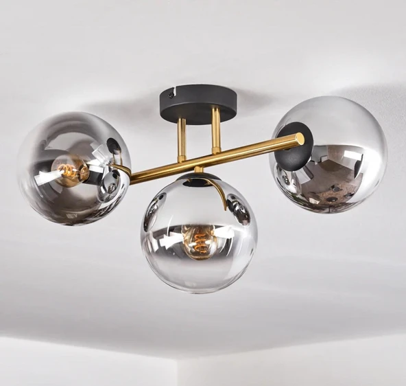 Rsylight Retro Metal Füme Opal Glop Camlı 3 Lü Tavan Plofyoner Avize ürün görseli 1