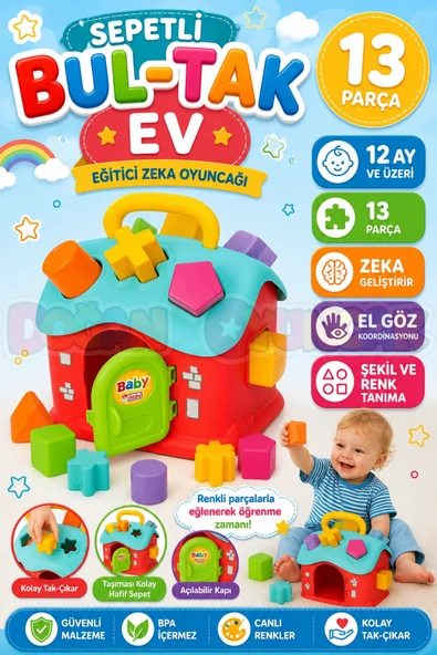 Sepetli Bul-Tak Ev - Bultak Lego - Bebek Oyuncağı - Şekil Takmaca - Blok Yerleştirme Oyunu Eğitici Oyuncak ürün görseli 1