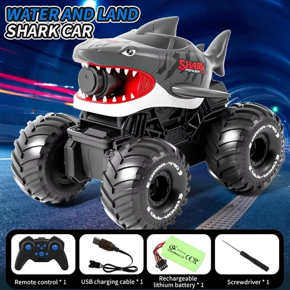 Shark Amphibious Racing Car Siyah - Uzaktan Kumandalı Su Atan Saatli Köpek Balığı - Saat Kontröllü ürün görseli 1