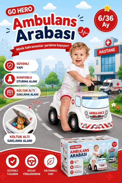 Go Hero Ambulans Arabası - Binmeli Araba İlk Arabam - Çocuk Arabası - İlk Adım Arabası - 4 Teker Araç ürün görseli 1