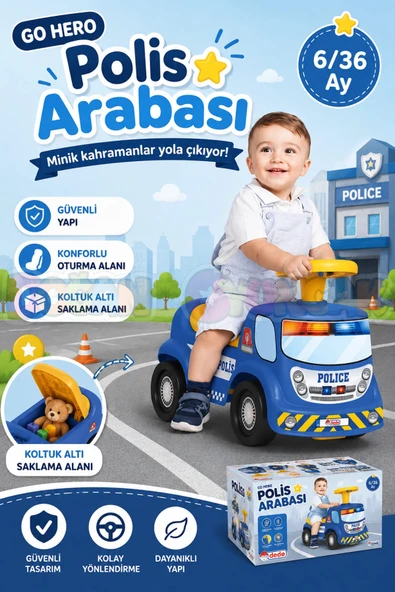 Go Hero Polis Arabası - Binmeli Araba İlk Arabam - Çocuk Arabası - İlk Adım Arabası - 4 Teker Araç ürün görseli 1