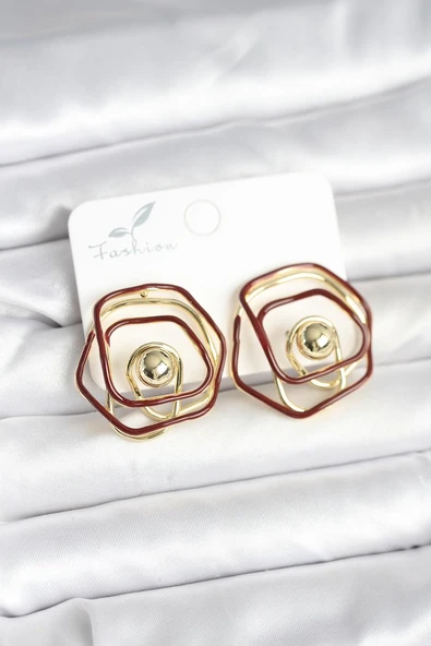 Pirinç Gold Renk Bordo Mineli Geometrik Gül Model Kadın Küpe - TJ-BKP11374 ürün görseli 1