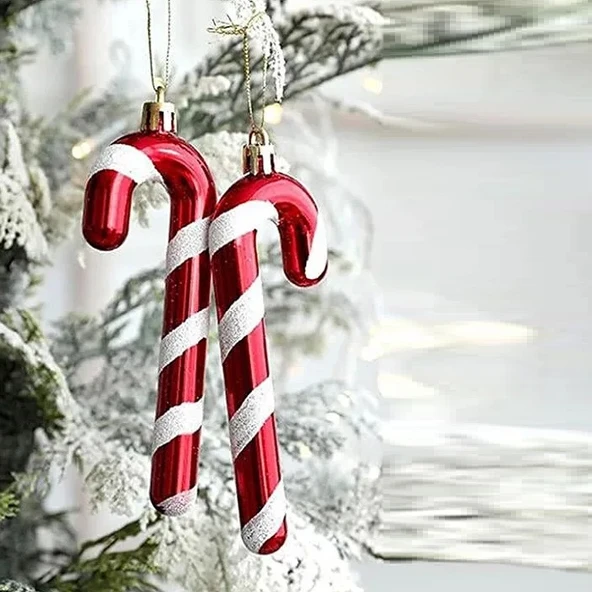 VIP YÜKSEK KALİTE 6 ADET BASTON SÜS 13 CM PARLAK SİMLİ KIRMIZI YILBAŞI AĞACI SÜSÜ NOEL AĞACI SÜSLERİ ürün görseli 1