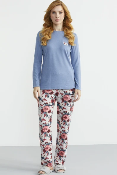 Yumoş Dokulu Desen Kombinli Pijama Takım - Indigo ürün görseli 1