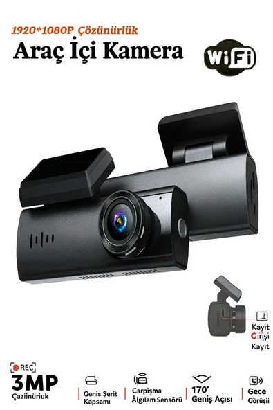 Araç İçi Kamerası DVR+Wİ-Fİ 1920/1080P Gece Görüşlü 170º Geniş Açı Algılama Sensör Araç İçi Kamera ürün görseli 1