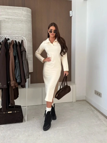 Kadın Uzun Kollu Yakalı Yandan Yırtmaçlı Midi Modal Elbise ürün görseli 1