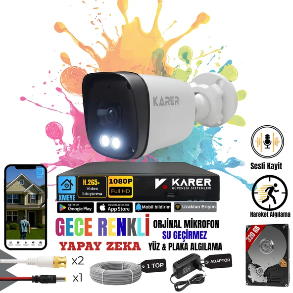 EXİTCAM 1 Kameralı SESLİ-YÜZ ve ARAÇ Tanımalı-GECE RENKLİ-SU GEÇİRMEZ GÜVENLİK SETİ ürün görseli 1