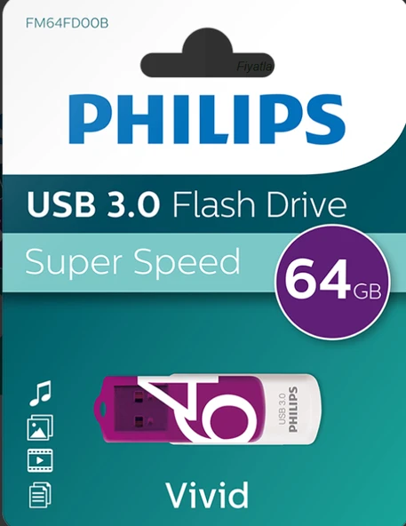 PHILIPS FM64FD00B, 64GB, USB 3.0, Vivid, Mor, Flash Disk ürün görseli 1