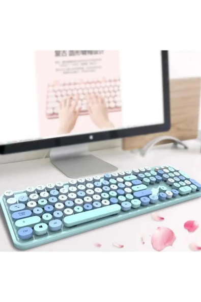 Renkli Daktilo Tarzı Vintage Mekanik Klavye Mouse PC Laptop Uyumlu Kablosuz ürün görseli 1