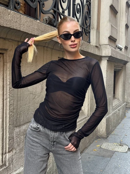 Siyah Şeffaf Tül Bluz - Resim 9