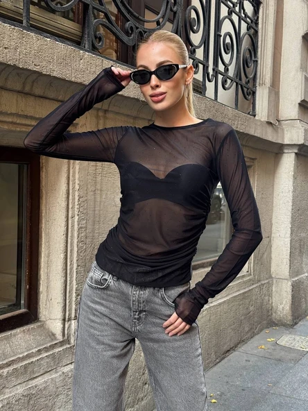 Siyah Şeffaf Tül Bluz - Resim 5