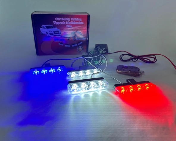 Mavi Kırmızı Beyaz Panjur Led 4lü Çakarlı Modlu Kumandalı 12v ürün görseli 1
