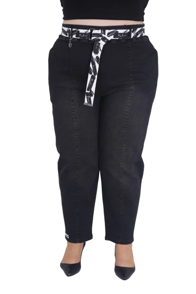 Büyük Beden Mom Kemerli Yüksek Bel Denim Kadın Pantolon ürün görseli 1