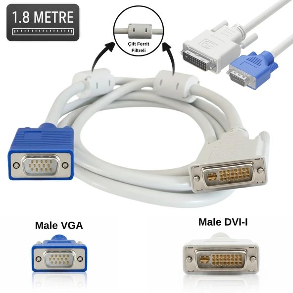 1.8 Mt. DVI-I to VGA Kablosu (Ferrit Çekirdekli) Analog Görüntü PC Monitör TV Uyumlu ürün görseli 1