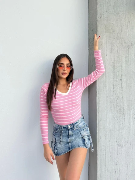 V yaka çizgili bluz pembe - Resim 5
