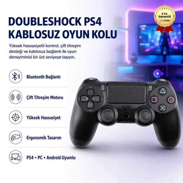 DoubleShock PS4 Kablosuz Oyun Kolu, Yüksek Hassasiyetli Çift Titreşimli Bluetooth Gamepad, Ergonomik Tasarım, PS4 – PC – Android Uyumlu Profesyonel Oyun Kumandası ürün görseli 1