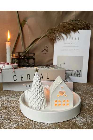 Dağ Görünümlü Tabak Çukur Ev Şeklinde Tealight Mumluk Çam Ağacı Dekor Set ürün görseli 1