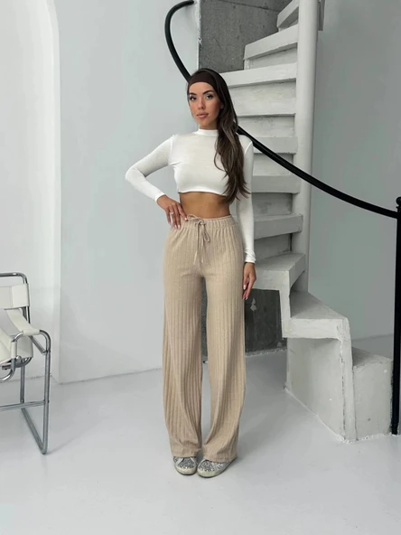 Fitilli şardonlu pantolon bej ürün görseli 1