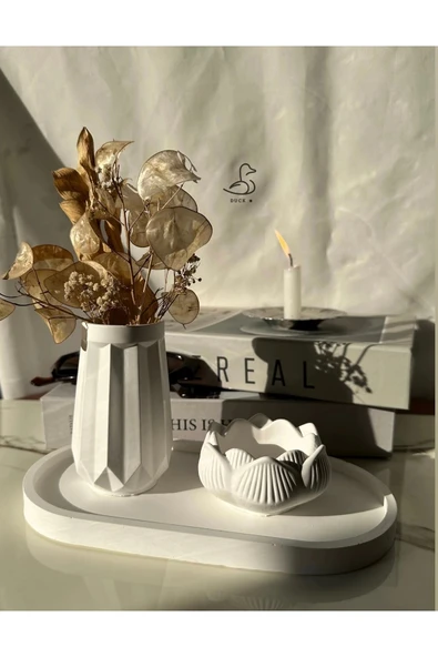 Geometrik Desenli Vazo Ve Lotus Çiçek Görünümlü Dekoratif Set ürün görseli 1
