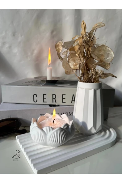 Geometrik Desenli Vazo Ve Lotus Çiçek İnci Tozlu Mumluk Set ürün görseli 1