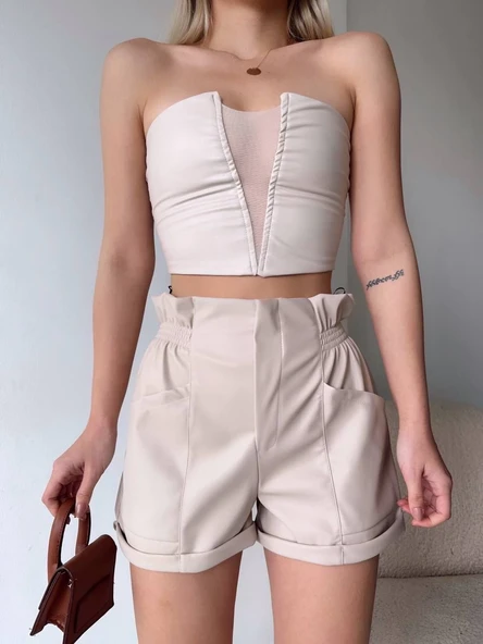 Tüllü deri crop bej w24615 - Resim 2