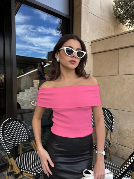 Madonna yaka sıfır kol bluz pembe ürün görseli 1