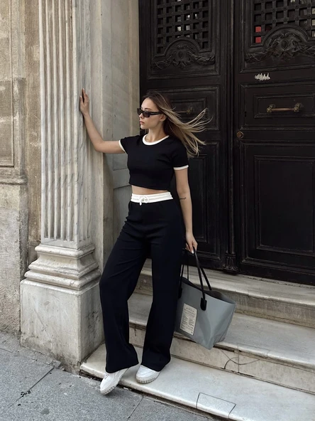 Crop pantolon biyeli takım siyah - Resim 6