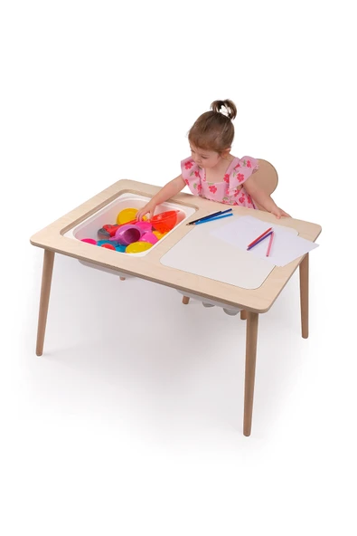 Montessori Çocuk Ahşap Oyun Etkinlik Çalışma Masası Seti, Sandalyeli Ve 2 Saklama Alanlı ürün görseli 1