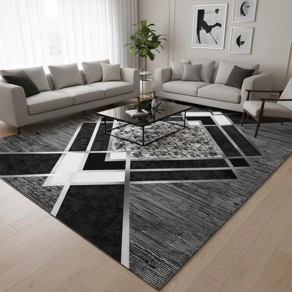 Siyah Gri Modern Geometrik Desenli Dijital Baskılı Halı – Kaymaz Tabanlı, Üçgen ve Elmas Formlu Şık ürün görseli 1