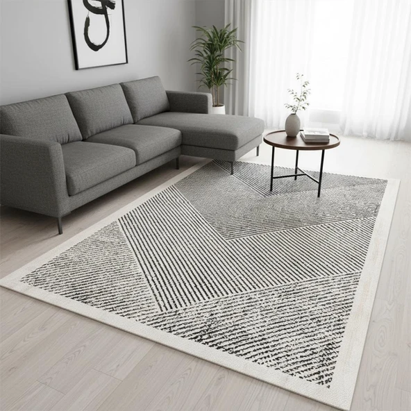 Krem Gri Modern Çizgili Dijital Baskılı Halı – Kaymaz Tabanlı, Minimal Geometrik Desenli Şık Salon ürün görseli 1