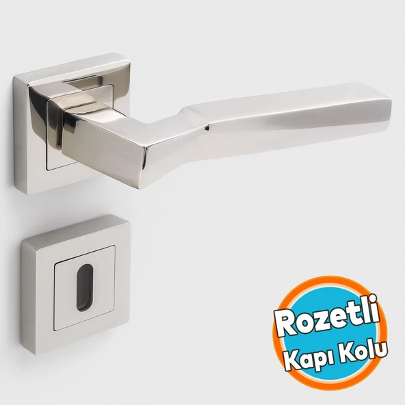 Kare Rozetli Oda Kapı Kolu Sağa ve Sola Uygun Nikel İnox 1 Takım ürün görseli 1