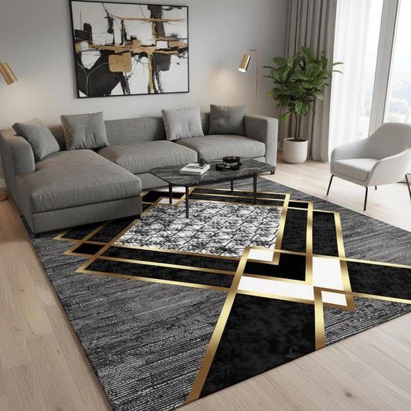 Gri ve Altın renklerde Modern Geometrik Desenli Dijital Baskılı Halı – Kaymaz Tabanlı, Üçgen ve ürün görseli 1