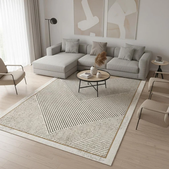 Dijital Baskılı Kahve–Bej Modern Halı – Kaymaz Tabanlı Geometrik Desenli Kolay Temizlenebilir Kaymaz ürün görseli 1