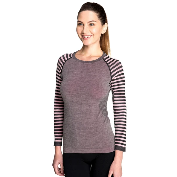 Thermoform Ultimate Merino Kadın Seamless Çizgili Termal Üst İçlik Sweatshirt Pembe ürün görseli 1