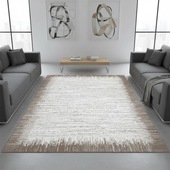 Kahve Beyaz Modern Geçişli Dijital Baskılı Halı – Kaymaz Tabanlı, Minimal Dokulu Şık Salon ve Oda ürün görseli 1