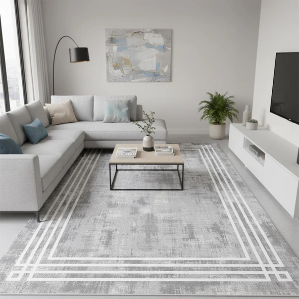 Gri Beyaz Modern Çerçeve Desenli Dijital Baskılı Halı – Kaymaz Tabanlı, Minimal Dokulu Şık Salon ve ürün görseli 1