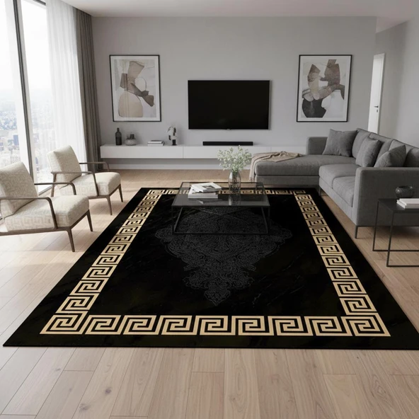 Siyah ve Altın Desenli Dijital Baskılı Halı Kaymaz Tabanlı Modern Geometrik Bordürlü Dekoratif Salon ürün görseli 1