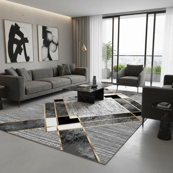 Siyah ve Altın renklerde Modern Geometrik Desenli Dijital Baskılı Halı – Kaymaz Tabanlı, Üçgen ve ürün görseli 1
