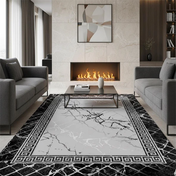 Siyah Gri Mermer Desenli Dijital Baskılı Halı Kaymaz Taban Modern Geometrik Çerçeve Salon Oda Halısı ürün görseli 1